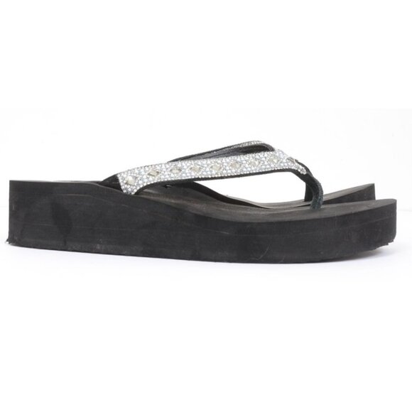 Yellow Box Rhinestone Bling Leather Women's Thong Wedge Flip Flop Size 8.5 - Picture 2 of 8